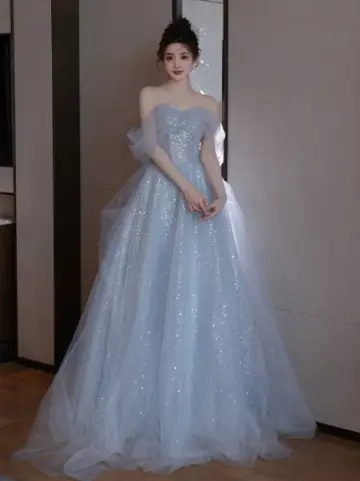 Glitter Tulle Hazy Prom Gown Blue Women's Maxi Evening Dress Birthday Dress RS2787