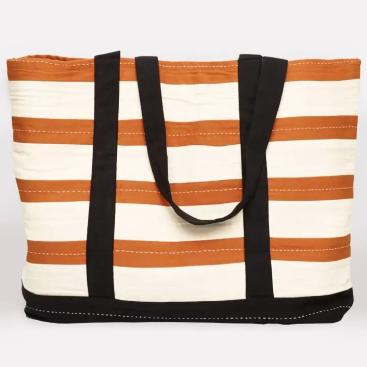 Striped Canvas Tote Bag in Camel