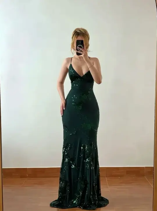 Flowy Sleeveless Glitter Corset Prom Gown ,Sexy Green Maxi Party Dress Cami Dress RS2081