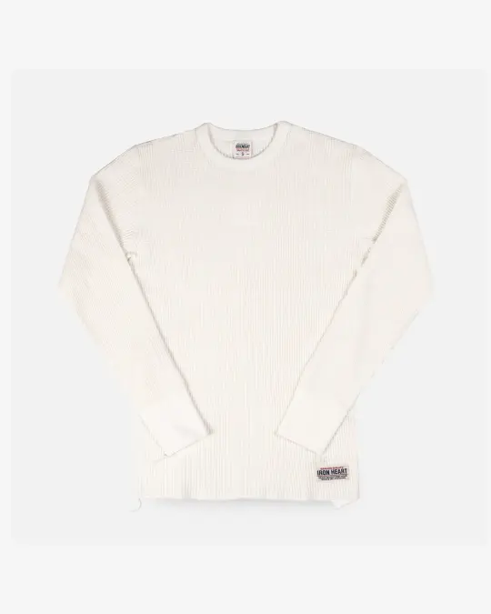 Waffle Knit Long Sleeved Crew Neck Thermal Top - White