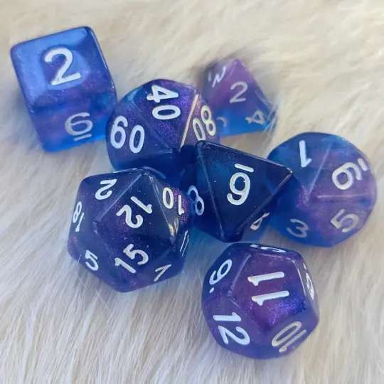 Sapphire Phantom Dice Set – 7-Piece Blue Purple Shimmer Marble DnD Dice