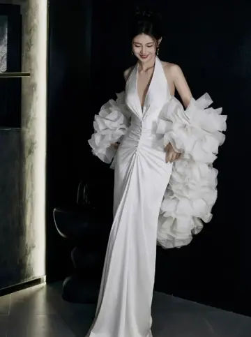 French Chic White Mermaid Halter V-neck Bodycon Maxi Wedding Dress RS759