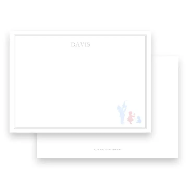 Pink & Blue Sibling Vintage Silhouette with Gingham Landscape Stationery
