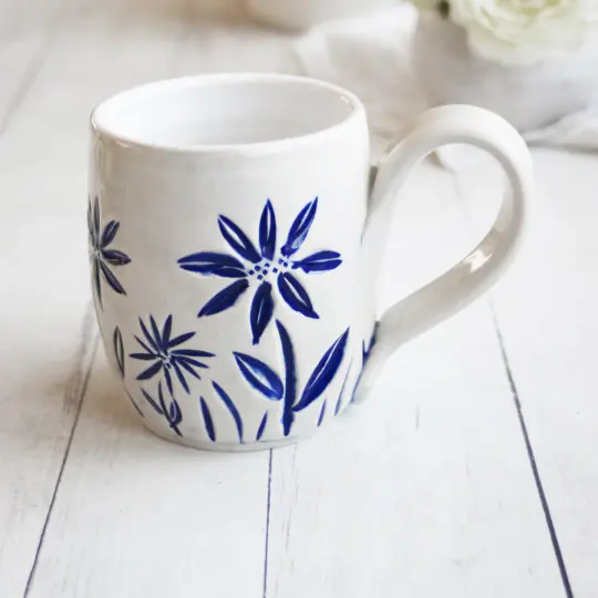 Summer Flowers Carved Coffee Cup, 14 Ounce Gardeners Pottery Mug, Handmade in USA