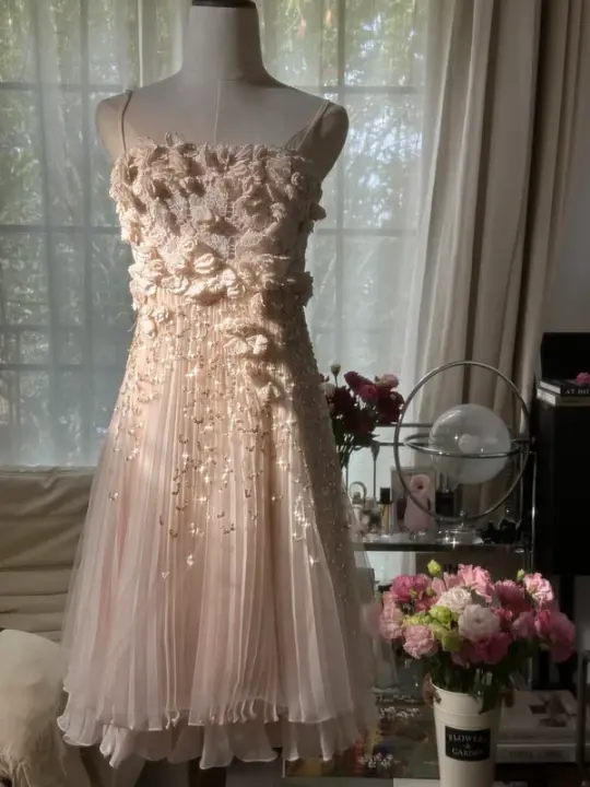 Light apricot pink halter-neck short ball gown R7743