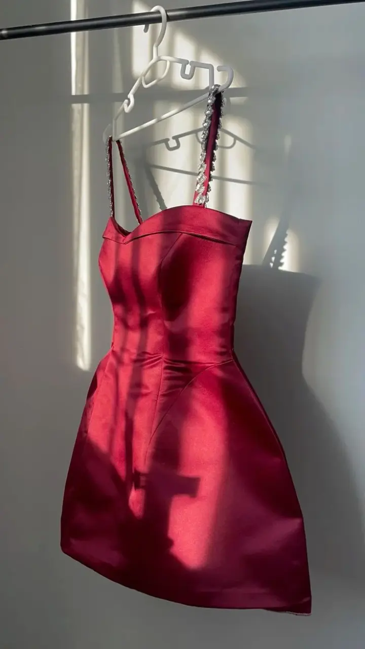 Red suspenders waist slim A-line short skirt homecoming dress R3405