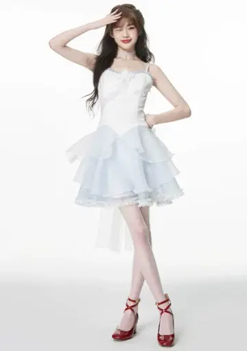 Sweet Style White and Light Blue Dress with Corset Top, Tiered Lace Skirt and Spaghetti Straps R9274