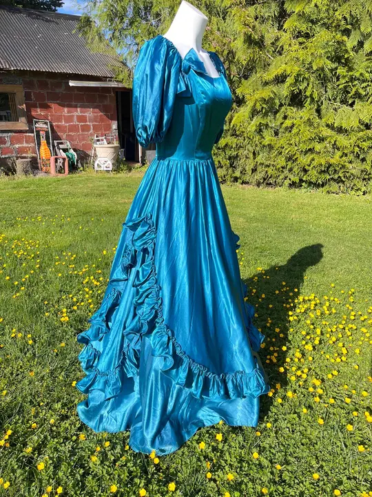 Vintage Peacock Blue Satin Ball Gown With Puff Sleeves