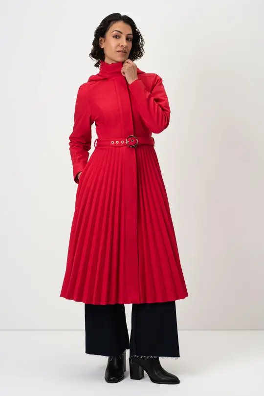 Fit and Flare Red Women's A-line Coat with Pleated Skirt | Scarlet Waltz