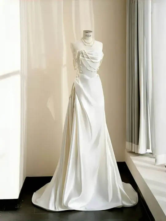White strapless satin waist slim fit elegant skirt, prom dress R5692