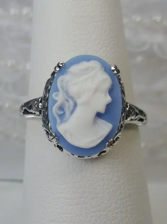 Cameo Ring, Size 9, Blue Lady Cameo, Edwardian Jewelry #D70 - Ready to Ship