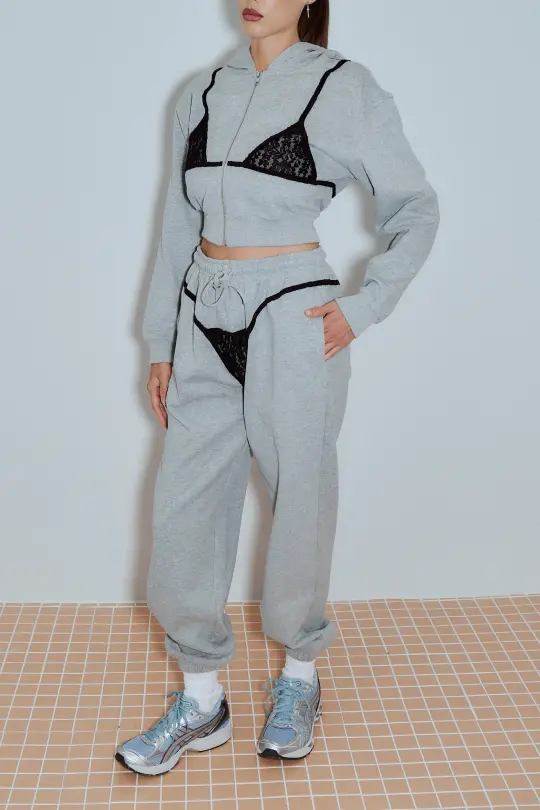 Lace Bikini Bod Zip-up Sweatpants Gray/Black