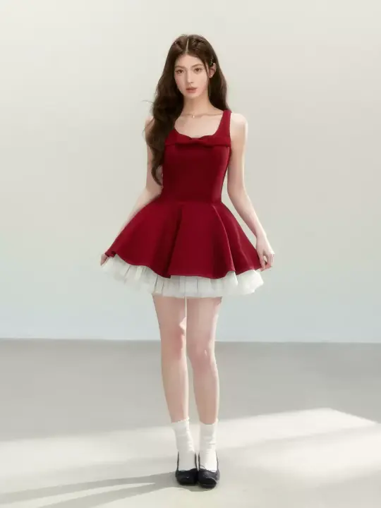 Red Sleeveless Dress with Bow Detail, Flared Skirt and Tulle Underskirt R9222