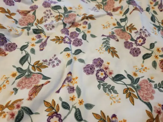 White Purple Orange Birds and Floral Knit- Remnant Piece 1 Yard