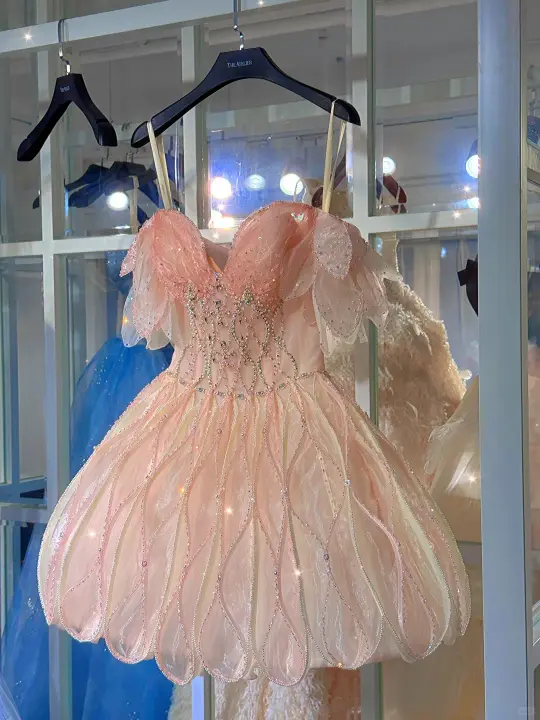 Pink suspenders, diamonds, waist-slimming, flower bud skirt, short skirt, homecoming dress R4170