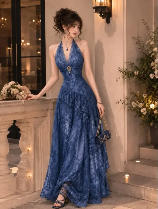 Embroidered Flowy Chiffon Corset Prom Gown , Stunning Navy Maxi Evening Dress Ball Gown RS1882