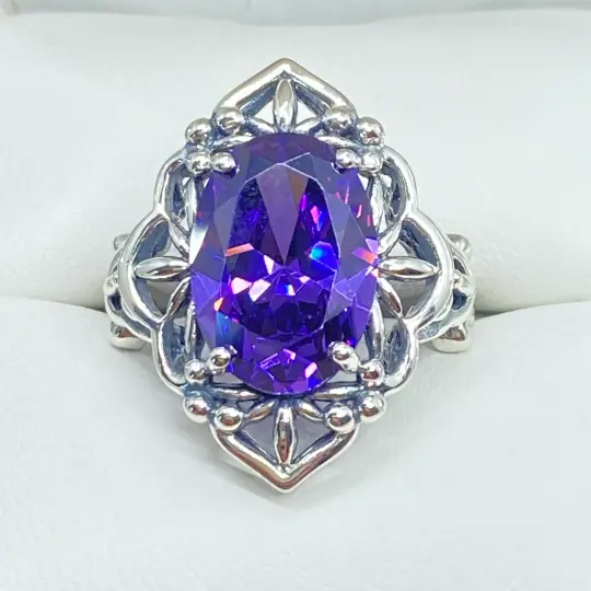 Amethyst CZ Size 7.5 Ring, Gothic Filigree Ring - Vintage Style Ring D98 - Ready to Ship