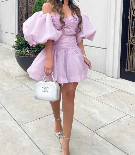 Lilac A-Line Strapless Puff Sleeves Bodycon Mini Party Dress Homecoming Dress RS376
