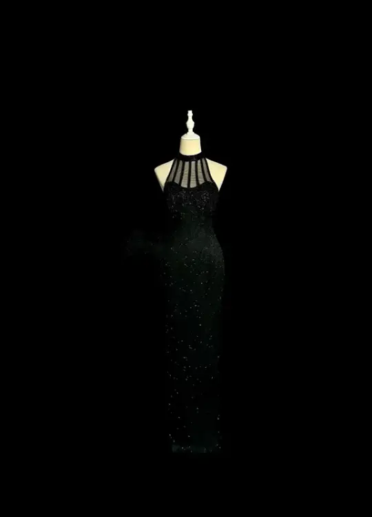 Black halter-neck, fitted waist, and bodycon sexy ball gown R6606
