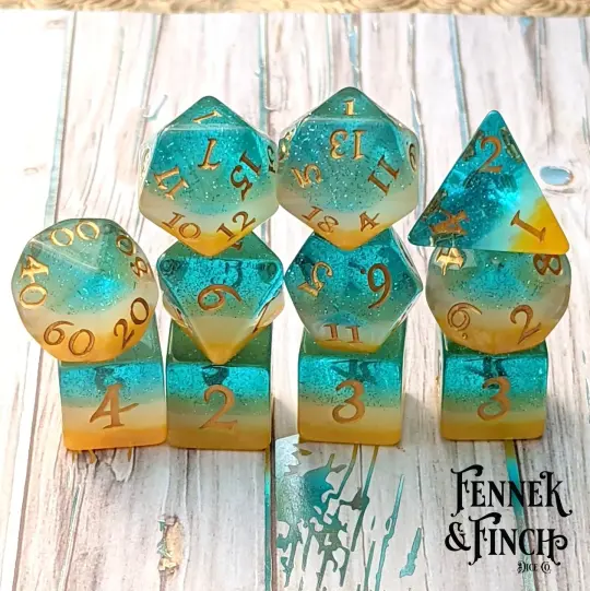 Beach Party Dice Set – 8/12pc Golden Sand Blue Ocean Layered Paw Die DnD Dice