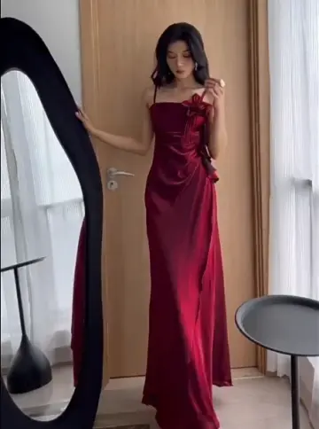 Elegant Burgundy Sheath Spaghetti Straps Applique Corset Maxi Prom Dress Evening Dress RS474