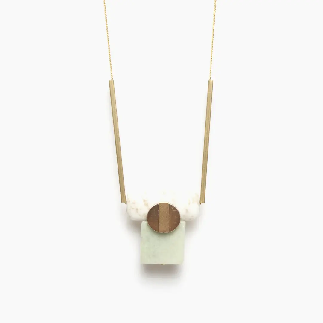 White and Green Stone Geometric Pendant Necklace