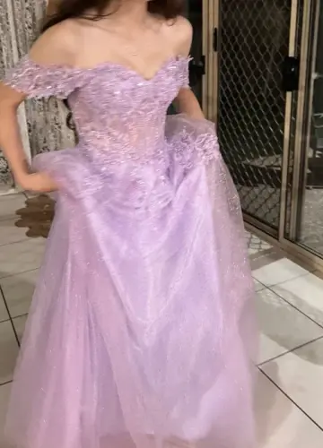Gentle Lavender Prom Dress ,A-Line Off-the-shoulder Embroidery Corset Maxi Evening Dress RS883