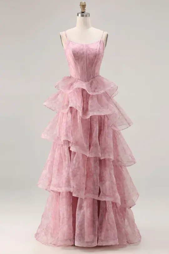 Tulle Ruffled Hazy Corset Prom Gown , Pink Women's Maxi Evening Dress Birthday Dress RS2365