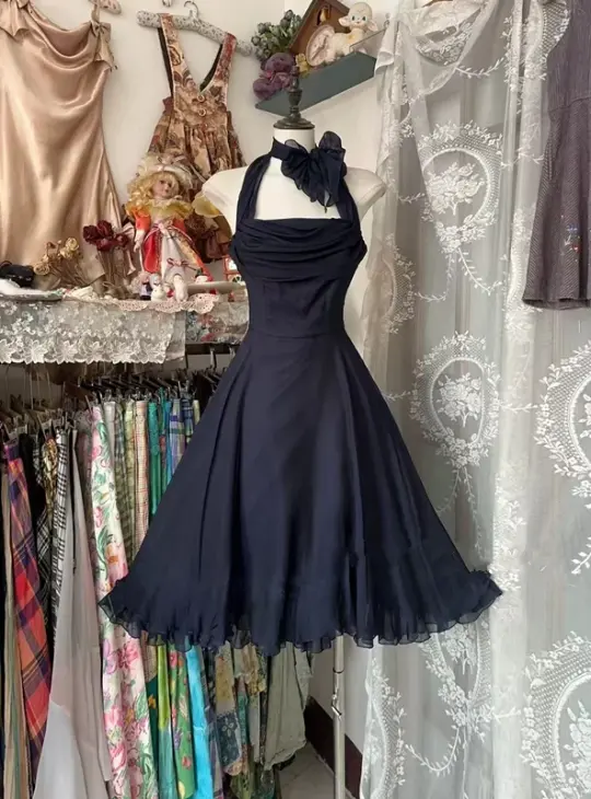 Navy blue halter neck fitted waist full skirt short ball gown R7479