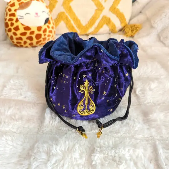 Bard Dice Bag: Purple Velvet, Embroidered Lute, Multi-Pocket TTRPG Storage
