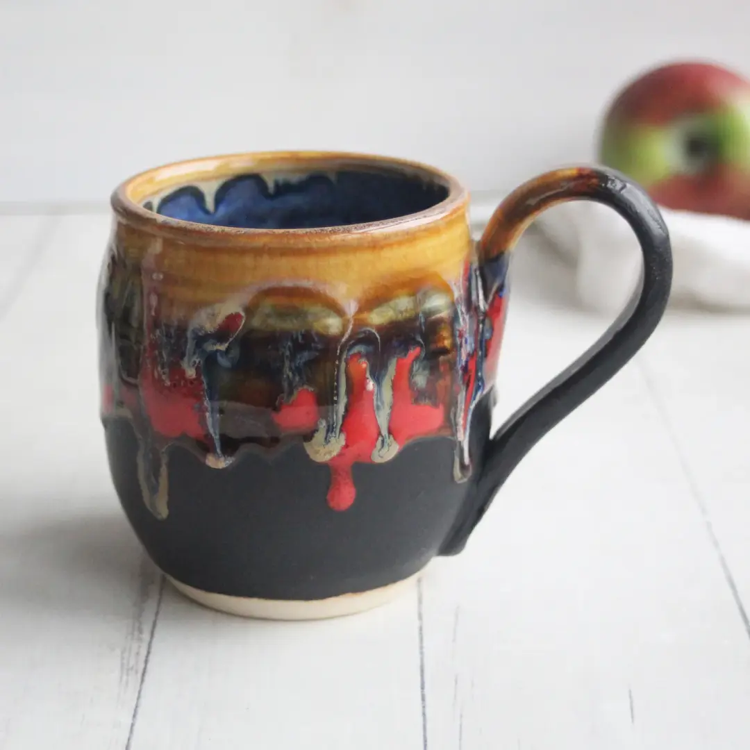 Artful Pottery Mug with Dripping Glazes, Made in USA