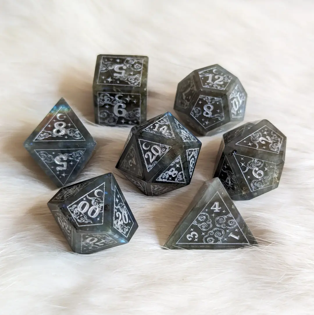 Dreamy Labradorite Dice Set – Gemstone DnD Dice with Silver Font | Fennek & Finch