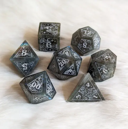 Dreamy Labradorite Dice Set – Gemstone DnD Dice with Silver Font | Fennek & Finch
