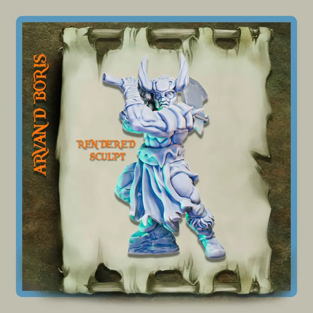 render of 28mm miniature barbarian Arvand Boris
