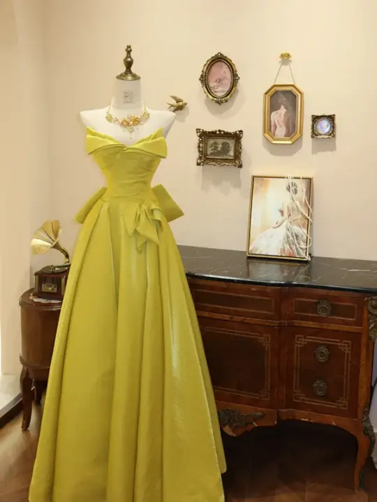 Yellow-green strapless fitted long ball gown, bridal dress R7173