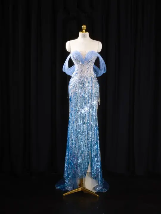 Light blue off-the-shoulder fitted long ball gown, bridal dress R8917