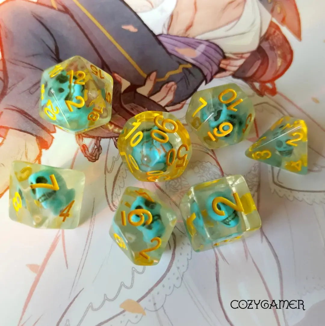 Turquoise Treasure Skull Dice Set – 7-Piece Blue Skull Clear Resin White Smoke