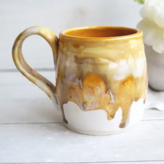 Golden Cascade Glazed Pottery Mug, 14 Ounce, Made in USA