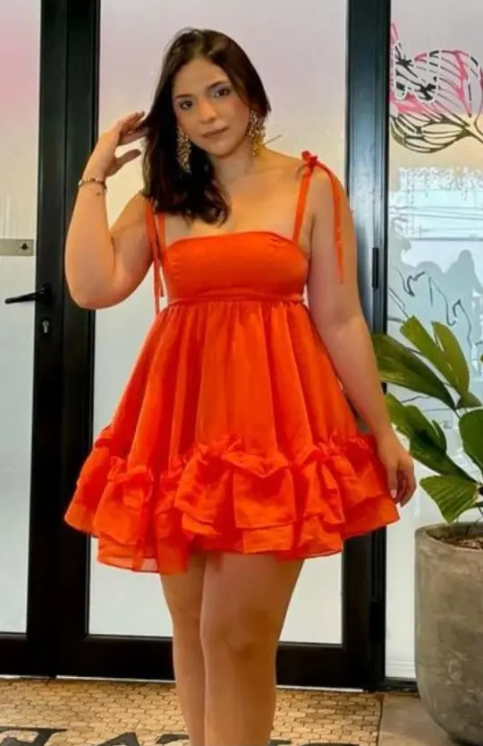 Elegant Orange Ruffled A-Line Spaghetti Straps Bodycon Mini Summer Dress Homecoming Dress RS249