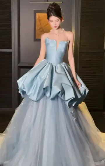 Elegant Baby Blue Tassel A-Line V-neck Corset Maxi Prom Dress Evening Dress RS610