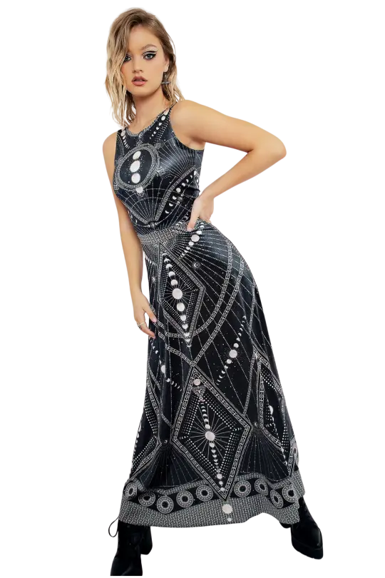 Moon Phases Velvet Princess Maxi Dress