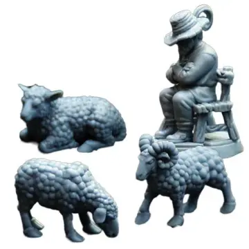 An unpainted, grey 3D-printed tabletop miniature set featuring a resting shepherd and his flock. On the right, a bearded shepherd wearing a wide-brimmed hat, tunic, and boots sits asleep on a rustic wooden stool with his arms crossed, his staff resting behind him. The rest of the image shows three animals with thick, heavily textured wool: a sheep resting on the ground, a sheep standing with its head lowered to graze, and a standing ram with large curled horns. The shepherd is attached to a small base, while the sheep are unbased. Isolated on a white background.