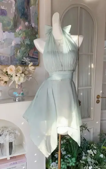 Flowy Mint Green Homecoming Dress , Chiffon Halter Corset Short Prom Dress Summer Dress RS1380