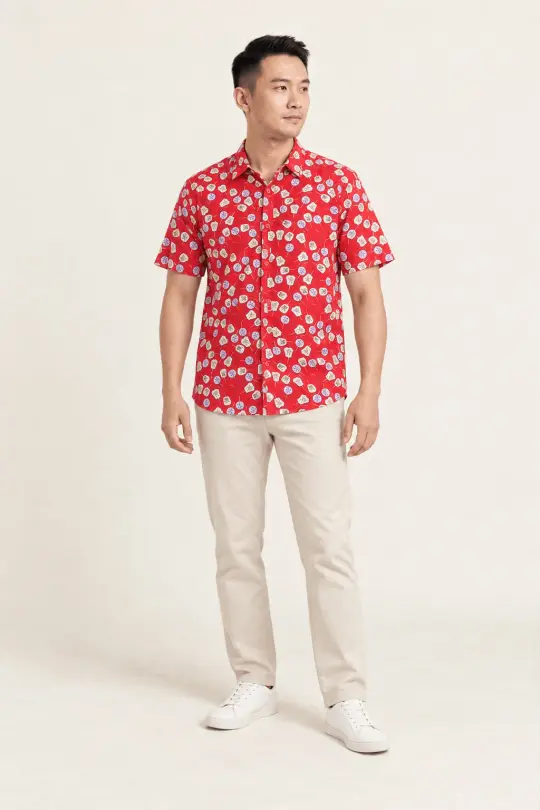 Men's Mandarin-collared Shirt - Red Fans