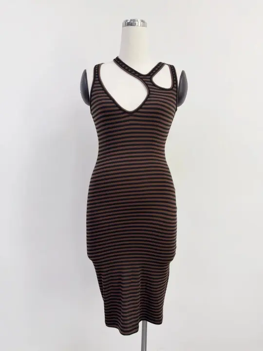 SAMPLE #364 - S Wool Blend Stripe Strappy Dress - Brown