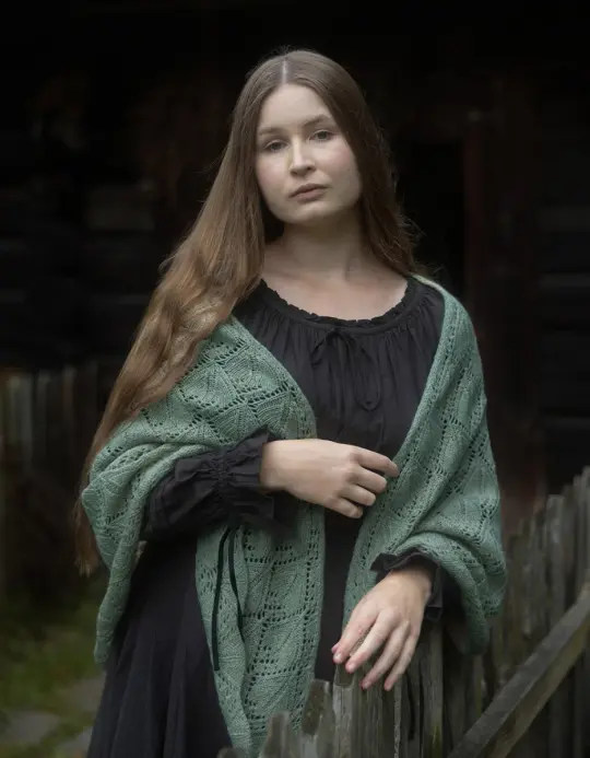 Étole 'Norna' pure laine et maille ajourée lichen