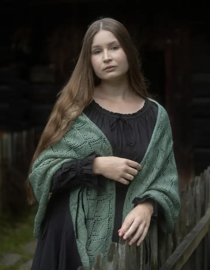 Étole 'Norna' pure laine et maille ajourée lichen