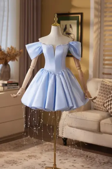 Minimalist Pale Blue A-Line Portrait Corset Mini Prom Dress Homecoming Dress RS429