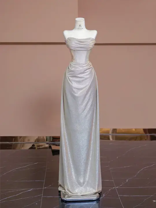 Light champagne-colored strapless fitted long ball gown, bridal dress R8349