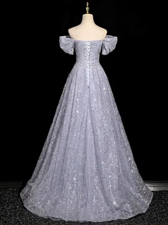 Glitter Sliver Prom Dress ,A-Line Off-the-shoulder Sequins Corset Maxi Evening Dress RS904